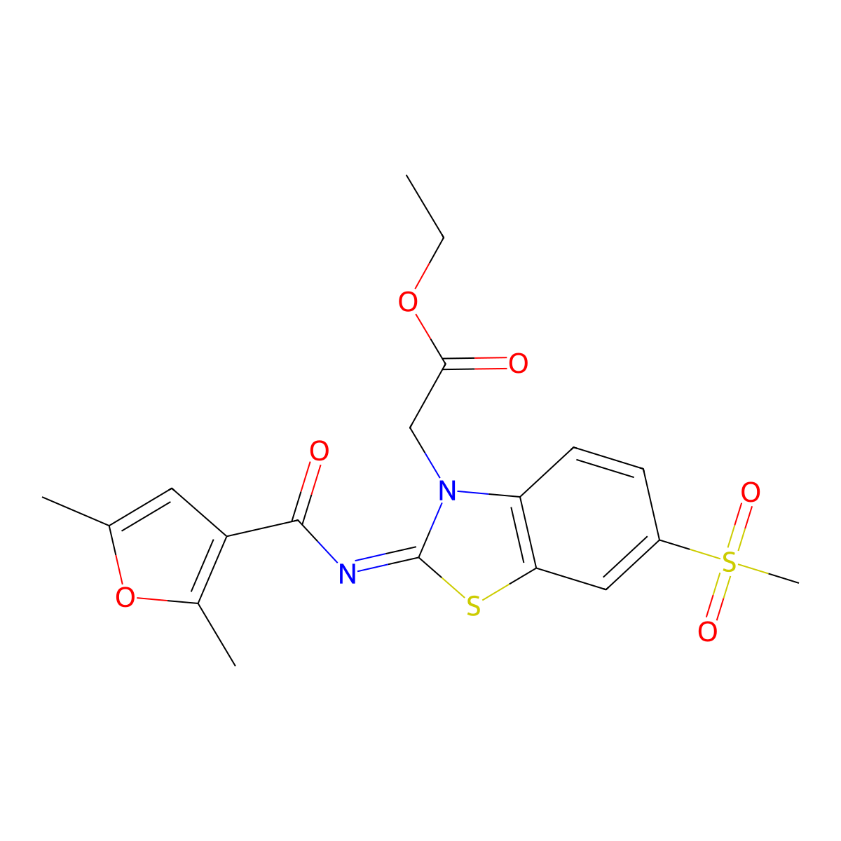 (E)-ethyl 2-(2-((2,5-dimethylfuran-3-carbonyl)imino)-6-(methylsulfonyl)benzo[d]thiazol-3(2H)-yl)acetate molecular structure, CAS 1173530-97-6
