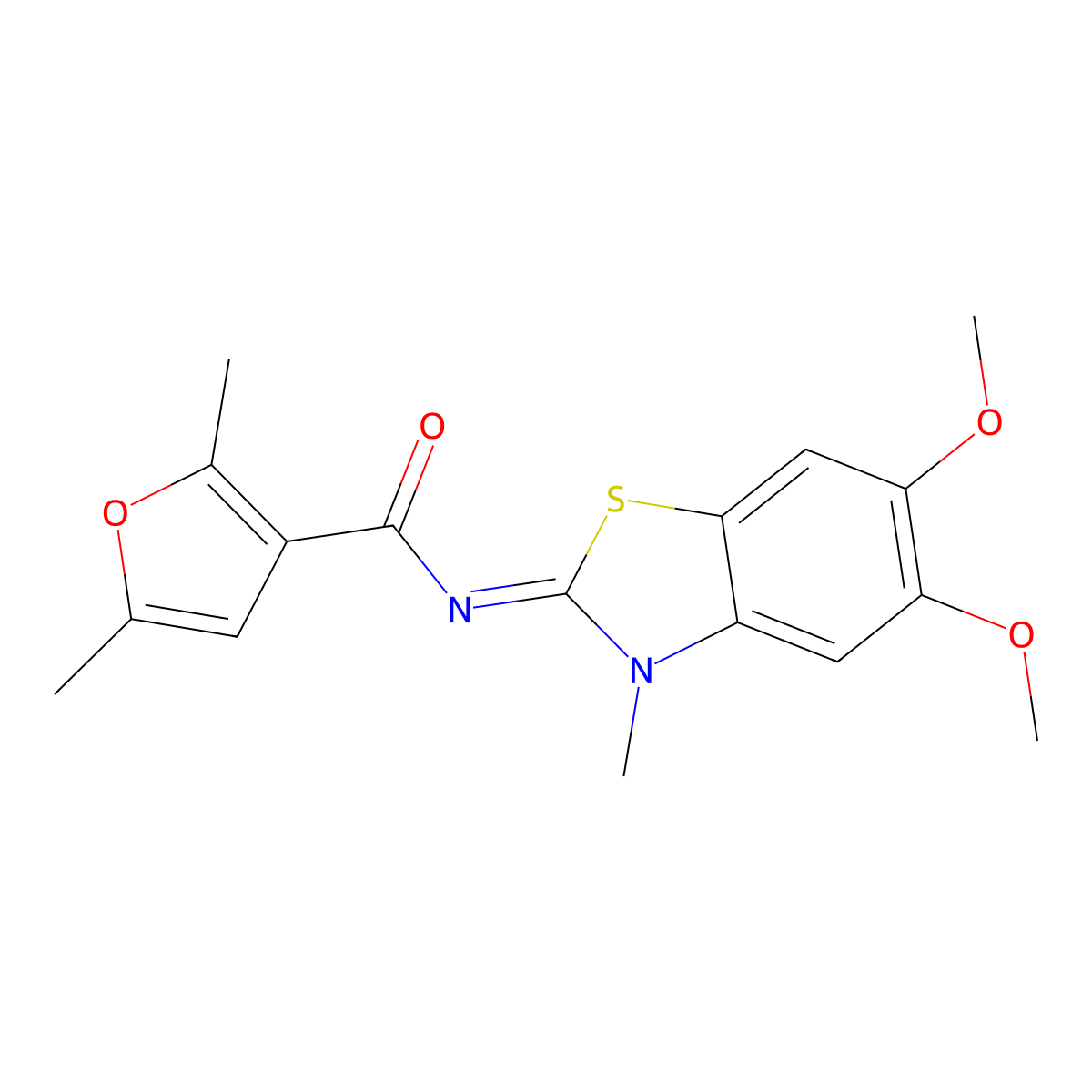 (E)-N-(5,6-dimethoxy-3-methylbenzo[d]thiazol-2(3H)-ylidene)-2,5-dimethylfuran-3-carboxamide molecular structure, CAS 1173536-61-2