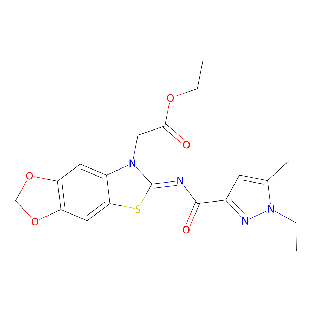 ethyl 2-[(11E)-11-[(1-ethyl-5-methyl-1H-pyrazole-3-carbonyl)imino]-4,6-dioxa-10-thia-12-azatricyclo[7.3.0.0^{3,7}]dodeca-1(9),2,7-trien-12-yl]acetate molecular structure, CAS 1173540-60-7