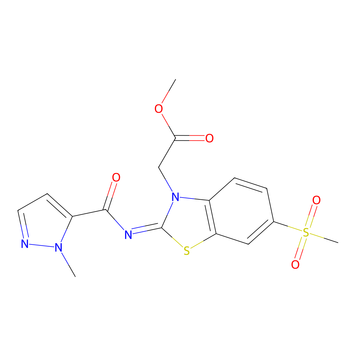 (E)-methyl 2-(2-((1-methyl-1H-pyrazole-5-carbonyl)imino)-6-(methylsulfonyl)benzo[d]thiazol-3(2H)-yl)acetate molecular structure, CAS 1173548-17-8