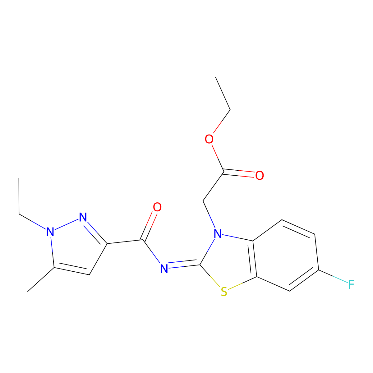 (E)-ethyl 2-(2-((1-ethyl-5-methyl-1H-pyrazole-3-carbonyl)imino)-6-fluorobenzo[d]thiazol-3(2H)-yl)acetate molecular structure, CAS 1173557-57-7