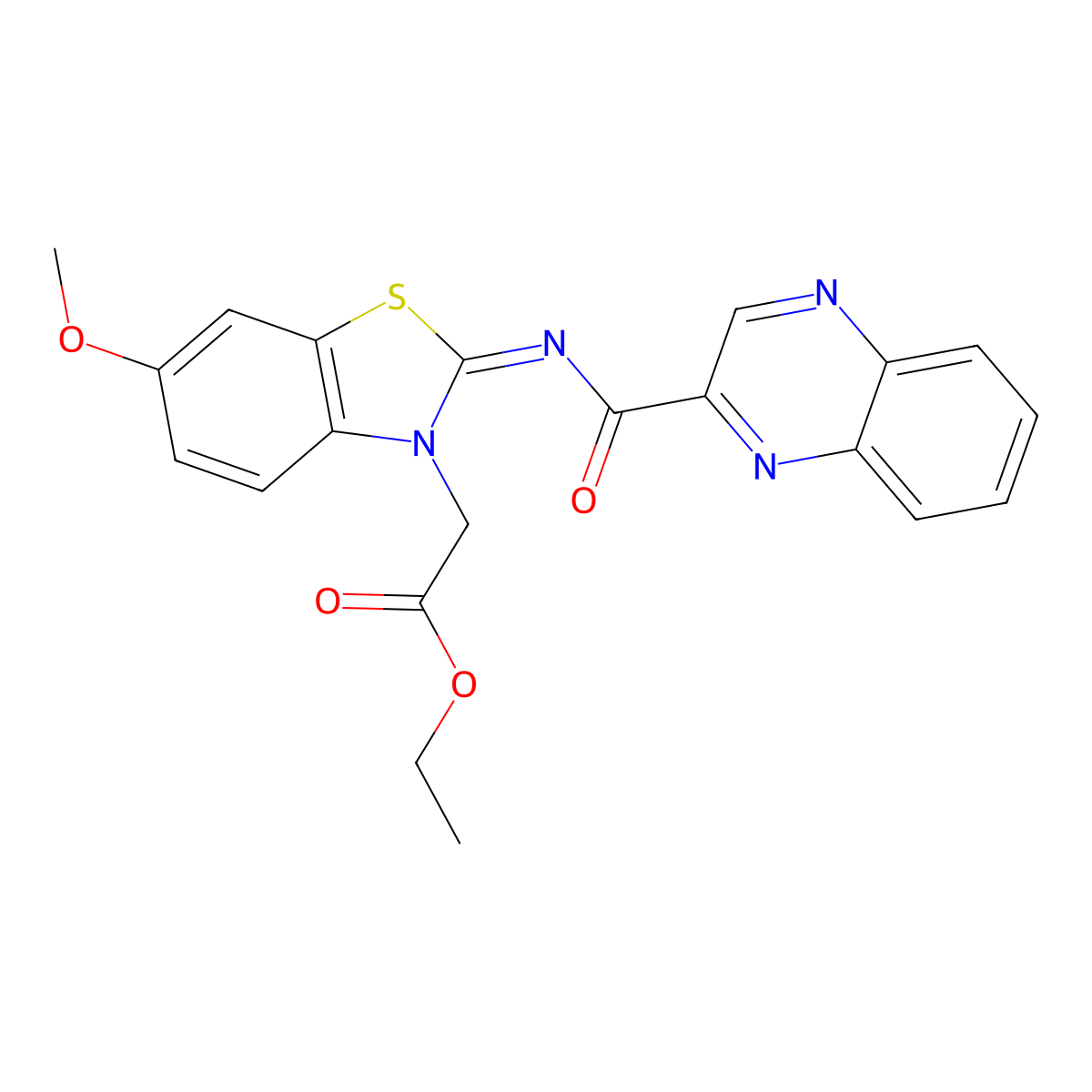 (Z)-ethyl 2-(6-methoxy-2-((quinoxaline-2-carbonyl)imino)benzo[d]thiazol-3(2H)-yl)acetate molecular structure, CAS 1173559-03-9