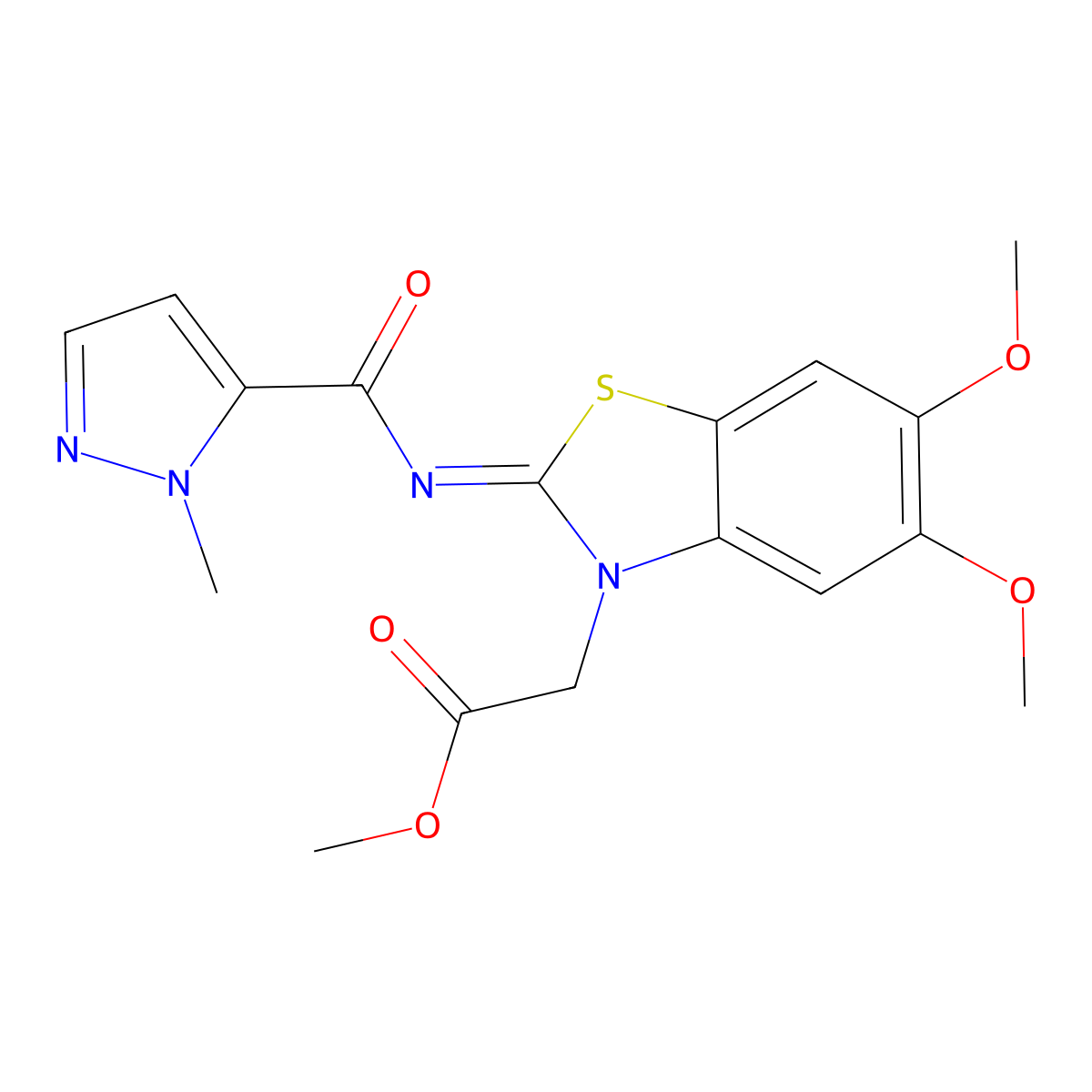 (E)-methyl 2-(5,6-dimethoxy-2-((1-methyl-1H-pyrazole-5-carbonyl)imino)benzo[d]thiazol-3(2H)-yl)acetate molecular structure, CAS 1173559-64-2