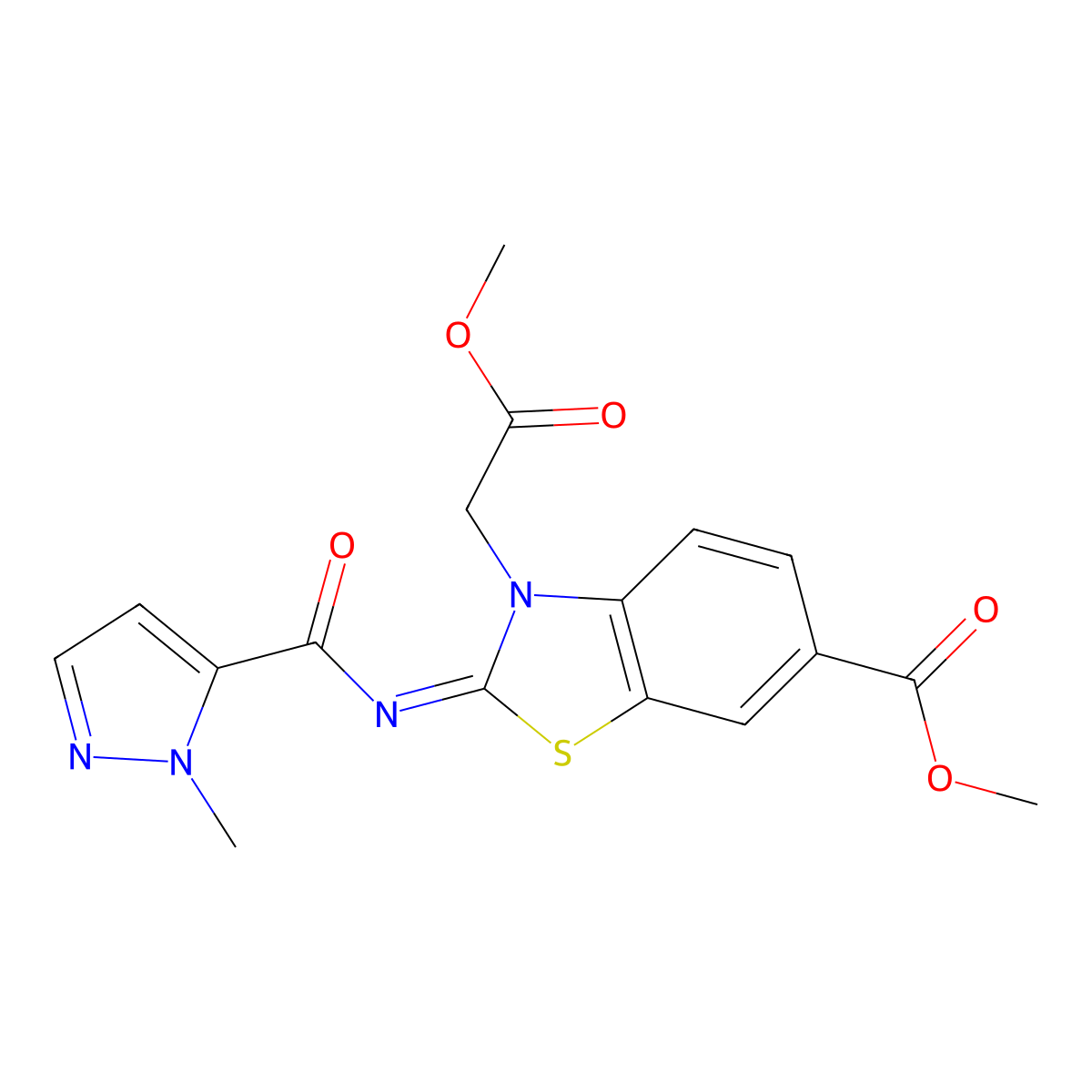 (E)-methyl 3-(2-methoxy-2-oxoethyl)-2-((1-methyl-1H-pyrazole-5-carbonyl)imino)-2,3-dihydrobenzo[d]thiazole-6-carboxylate molecular structure, CAS 1173563-91-1