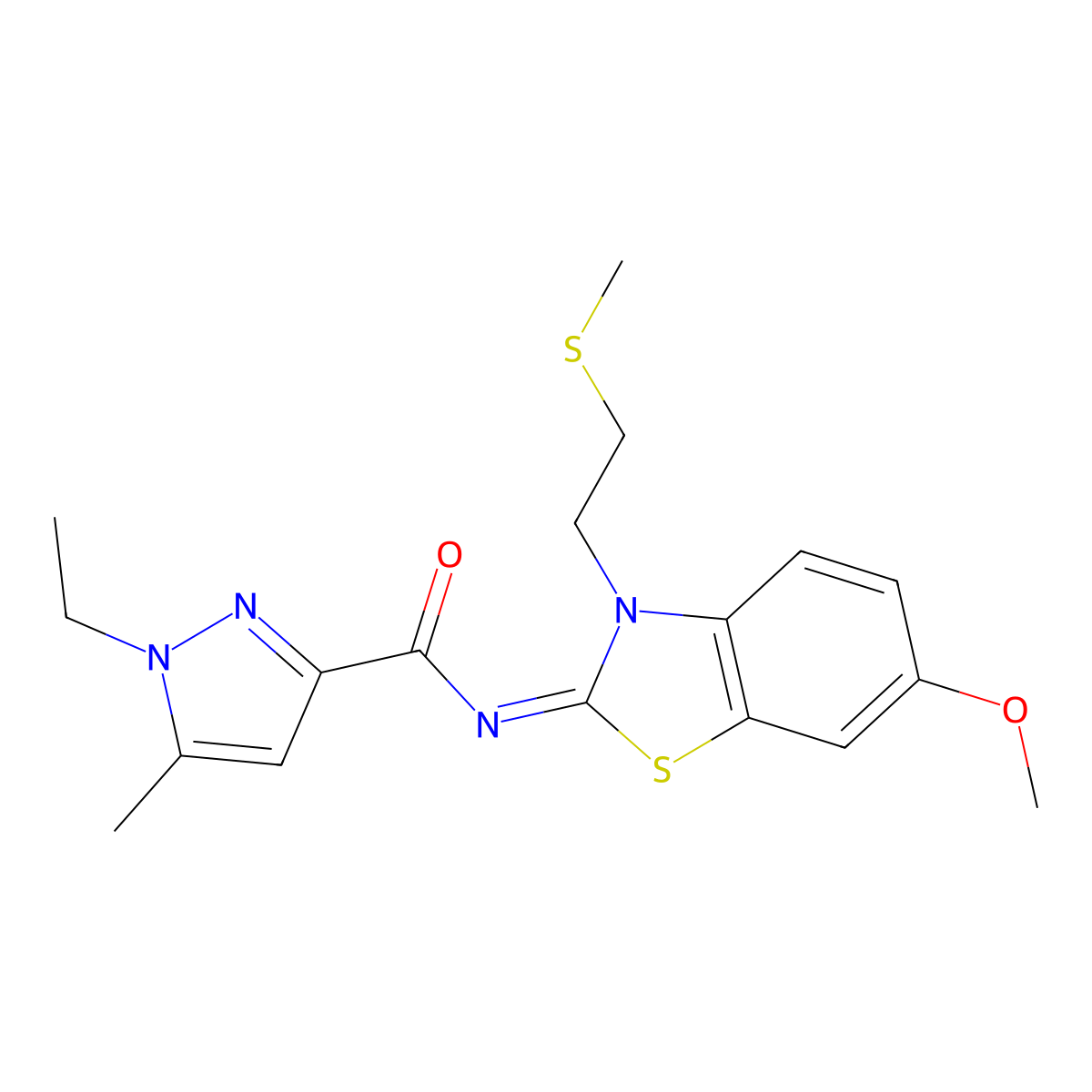 (E)-1-ethyl-N-(6-methoxy-3-(2-(methylthio)ethyl)benzo[d]thiazol-2(3H)-ylidene)-5-methyl-1H-pyrazole-3-carboxamide molecular structure, CAS 1173566-83-0