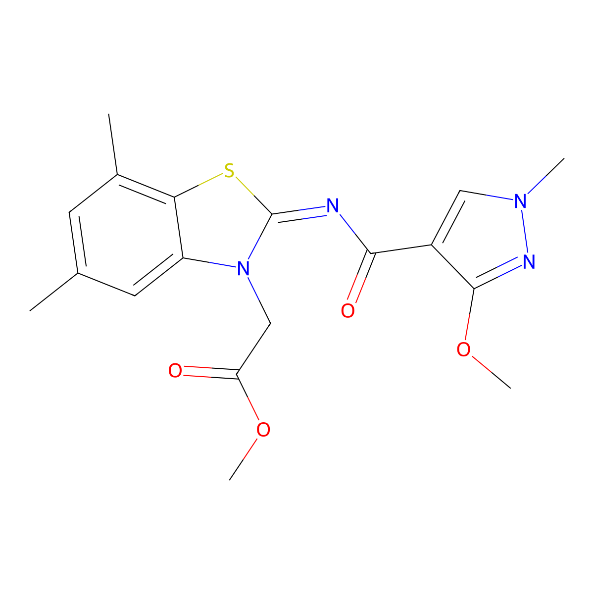 (Z)-methyl 2-(2-((3-methoxy-1-methyl-1H-pyrazole-4-carbonyl)imino)-5,7-dimethylbenzo[d]thiazol-3(2H)-yl)acetate molecular structure, CAS 1173568-72-3