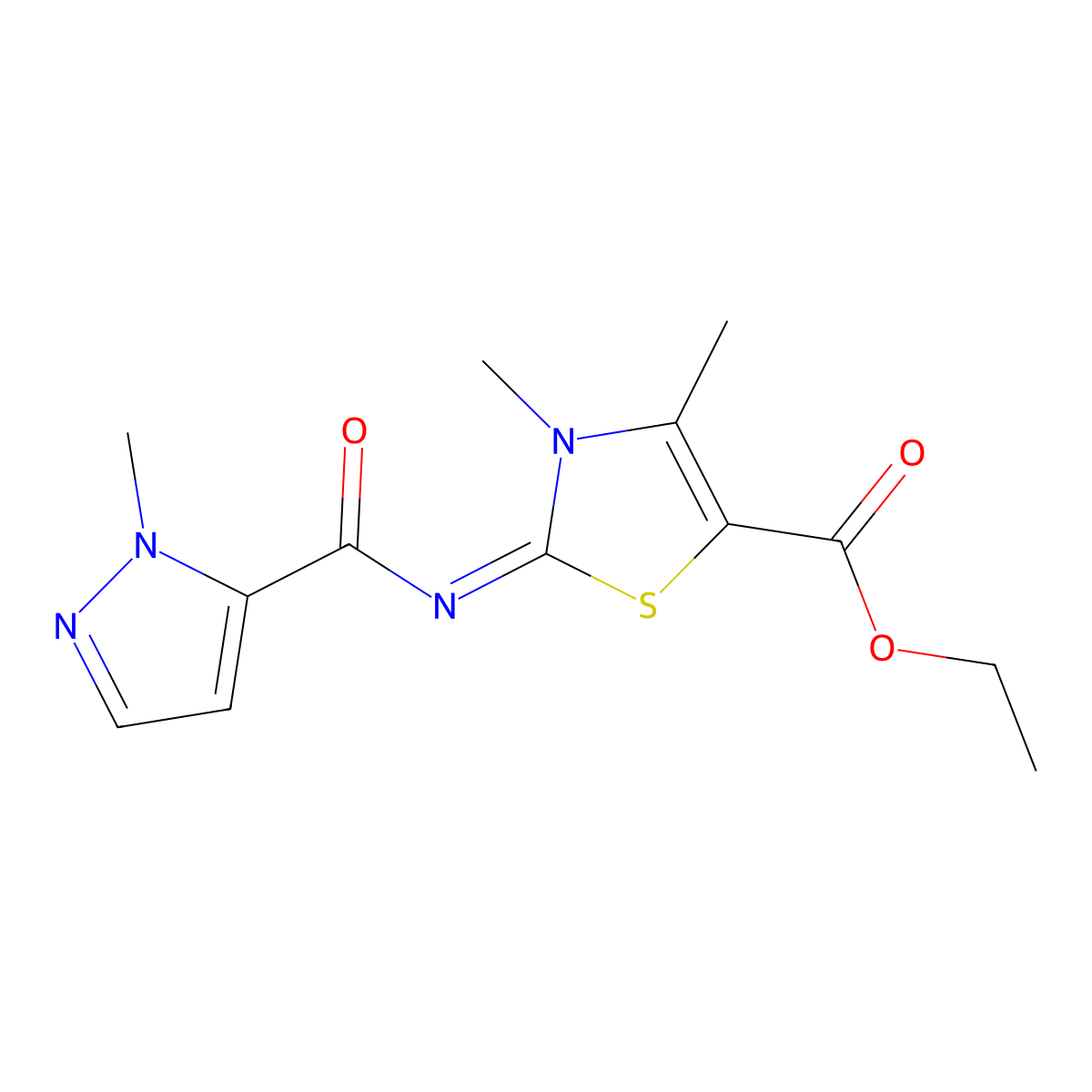 (E)-ethyl 3,4-dimethyl-2-((1-methyl-1H-pyrazole-5-carbonyl)imino)-2,3-dihydrothiazole-5-carboxylate molecular structure, CAS 1173573-28-8