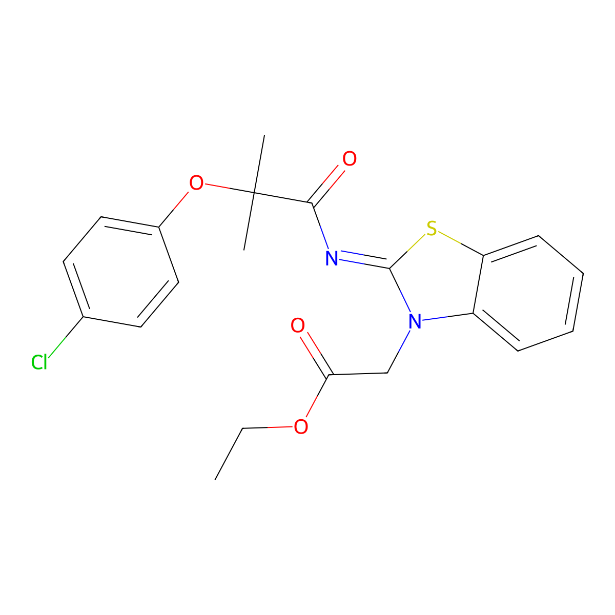 (E)-ethyl 2-(2-((2-(4-chlorophenoxy)-2-methylpropanoyl)imino)benzo[d]thiazol-3(2H)-yl)acetate molecular structure, CAS 1173575-08-0