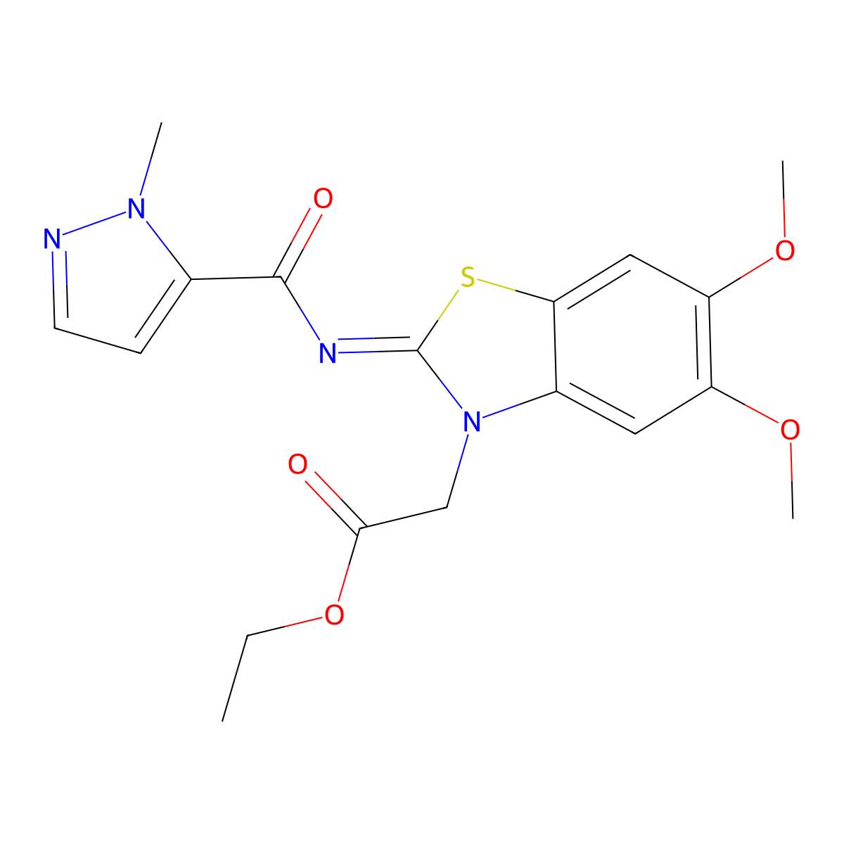(E)-ethyl 2-(5,6-dimethoxy-2-((1-methyl-1H-pyrazole-5-carbonyl)imino)benzo[d]thiazol-3(2H)-yl)acetate molecular structure, CAS 1173578-88-5