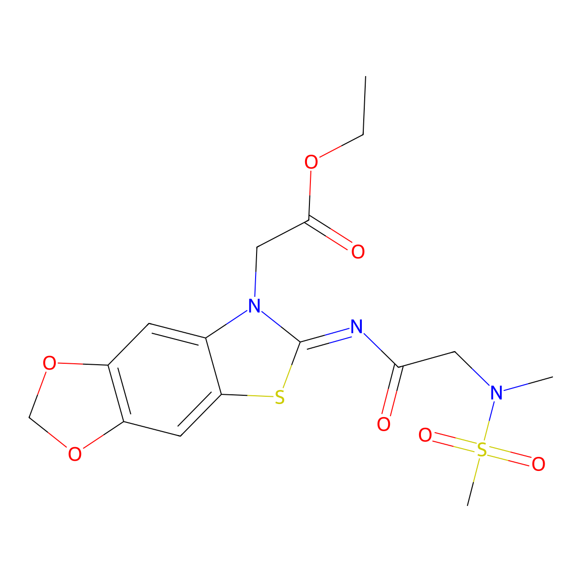 (E)-ethyl 2-(6-((2-(N-methylmethylsulfonamido)acetyl)imino)-[1,3]dioxolo[4',5':4,5]benzo[1,2-d]thiazol-7(6H)-yl)acetate molecular structure, CAS 1173580-23-8