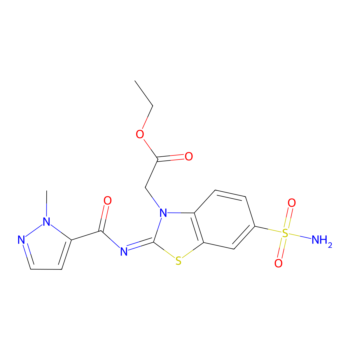 (E)-ethyl 2-(2-((1-methyl-1H-pyrazole-5-carbonyl)imino)-6-sulfamoylbenzo[d]thiazol-3(2H)-yl)acetate molecular structure, CAS 1173586-91-8