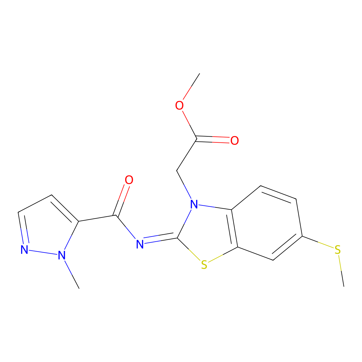 (Z)-methyl 2-(2-((1-methyl-1H-pyrazole-5-carbonyl)imino)-6-(methylthio)benzo[d]thiazol-3(2H)-yl)acetate molecular structure, CAS 1173587-45-5