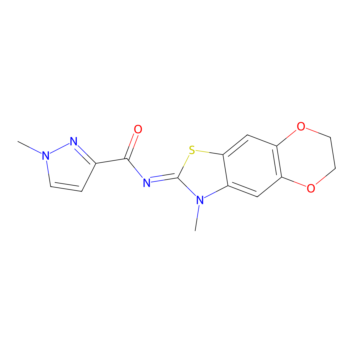 1-methyl-N-{6-methyl-10,13-dioxa-4-thia-6-azatricyclo[7.4.0.0^{3,7}]trideca-1,3(7),8-trien-5-ylidene}-1H-pyrazole-3-carboxamide molecular structure, CAS 1173589-09-7