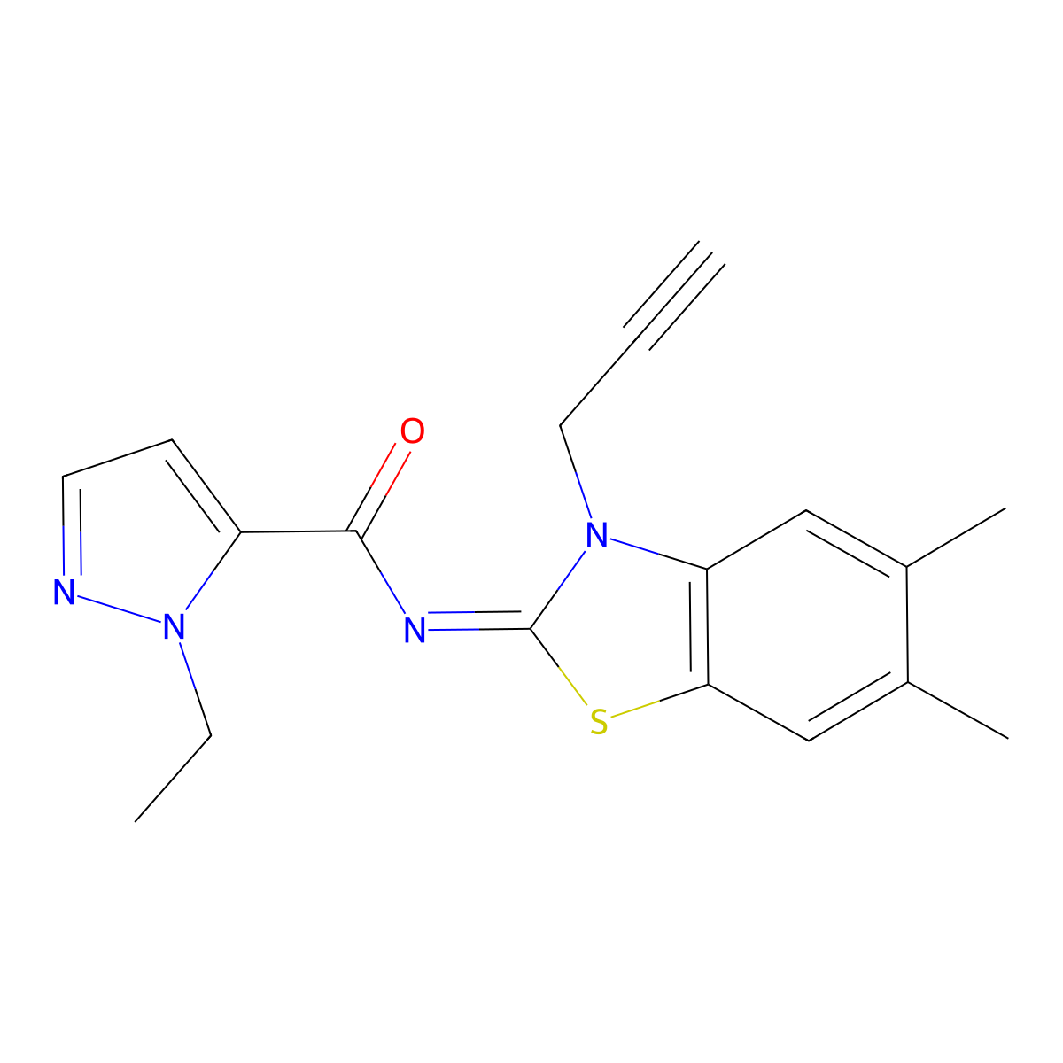(E)-N-(5,6-dimethyl-3-(prop-2-yn-1-yl)benzo[d]thiazol-2(3H)-ylidene)-1-ethyl-1H-pyrazole-5-carboxamide molecular structure, CAS 1173603-23-0