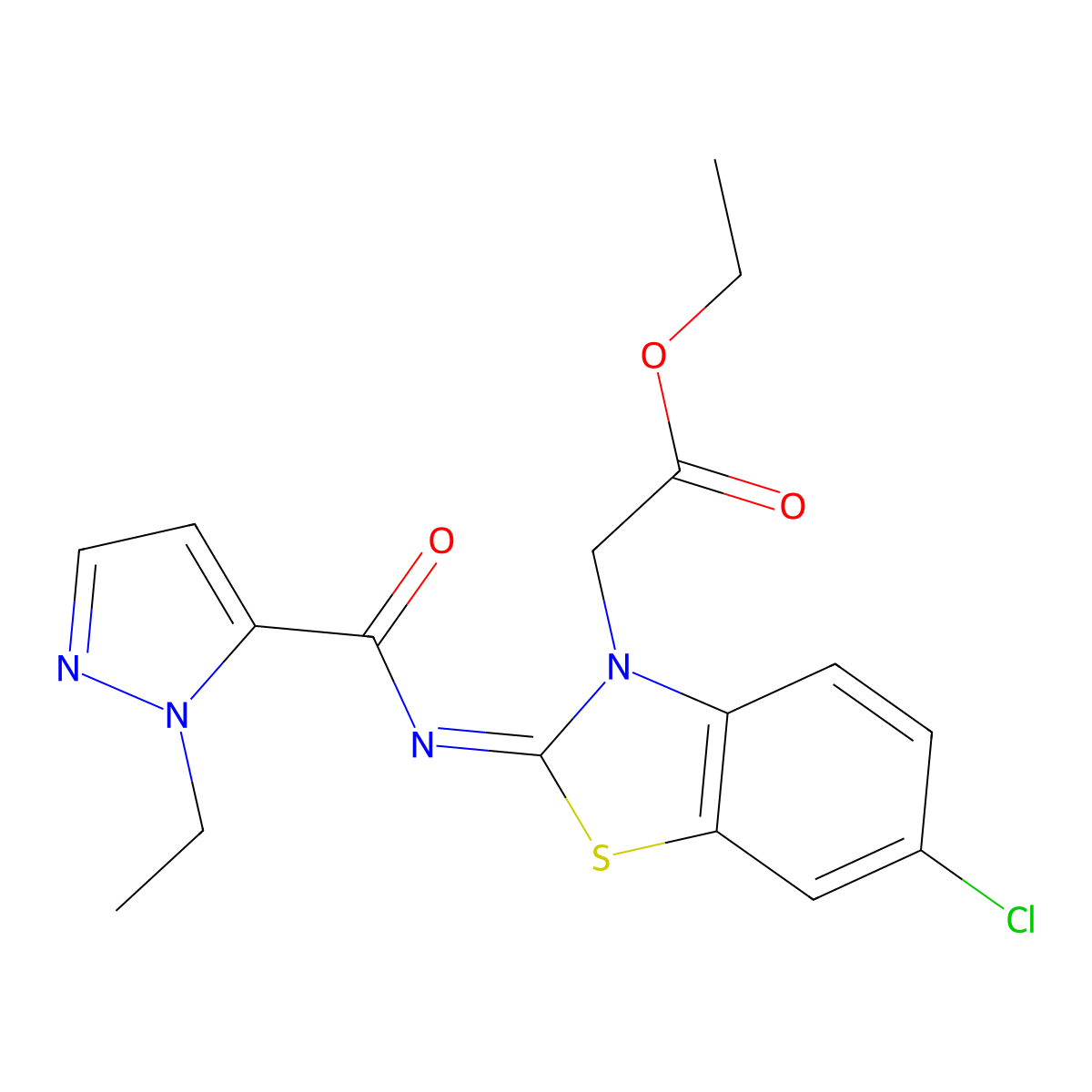 (E)-ethyl 2-(6-chloro-2-((1-ethyl-1H-pyrazole-5-carbonyl)imino)benzo[d]thiazol-3(2H)-yl)acetate molecular structure, CAS 1173604-19-7