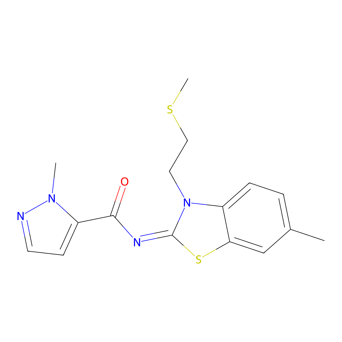 (E)-1-methyl-N-(6-methyl-3-(2-(methylthio)ethyl)benzo[d]thiazol-2(3H)-ylidene)-1H-pyrazole-5-carboxamide molecular structure, CAS 1173607-65-2