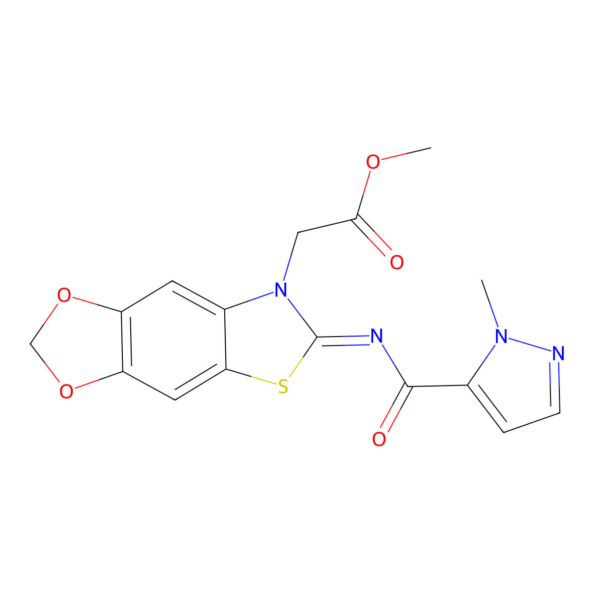 (E)-methyl 2-(6-((1-methyl-1H-pyrazole-5-carbonyl)imino)-[1,3]dioxolo[4',5':4,5]benzo[1,2-d]thiazol-7(6H)-yl)acetate molecular structure, CAS 1173618-01-3
