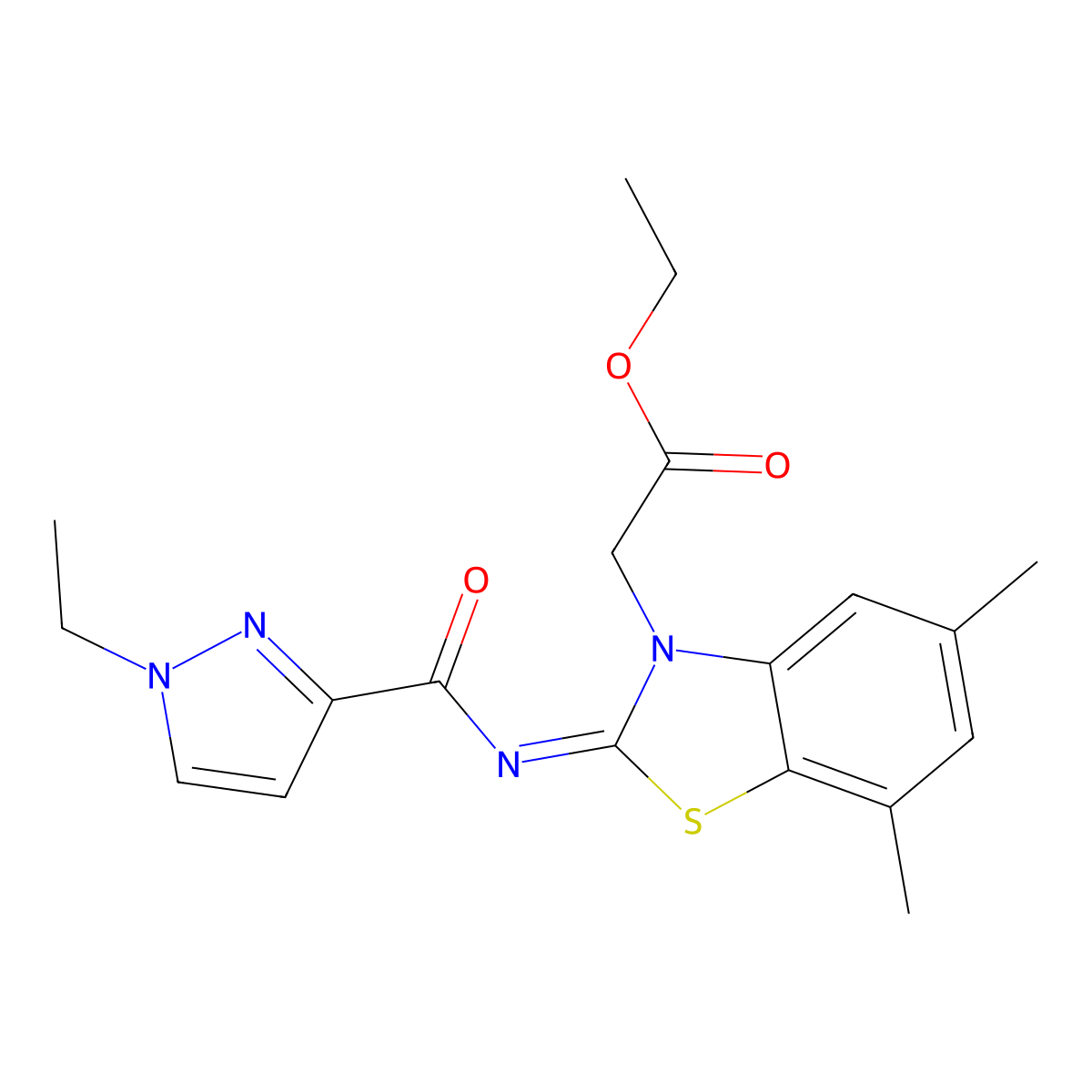 (Z)-ethyl 2-(2-((1-ethyl-1H-pyrazole-3-carbonyl)imino)-5,7-dimethylbenzo[d]thiazol-3(2H)-yl)acetate molecular structure, CAS 1173618-34-2
