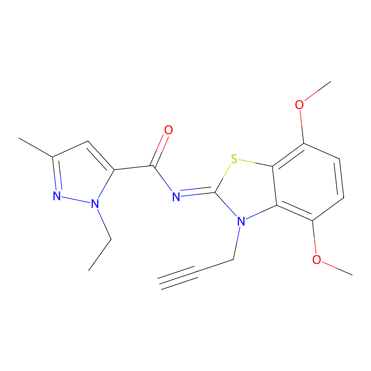 (E)-N-(4,7-dimethoxy-3-(prop-2-yn-1-yl)benzo[d]thiazol-2(3H)-ylidene)-1-ethyl-3-methyl-1H-pyrazole-5-carboxamide molecular structure, CAS 1173629-87-2
