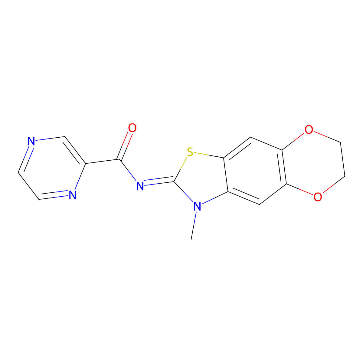 N-[(5E)-6-methyl-10,13-dioxa-4-thia-6-azatricyclo[7.4.0.0^{3,7}]trideca-1,3(7),8-trien-5-ylidene]pyrazine-2-carboxamide molecular structure, CAS 1173634-39-3