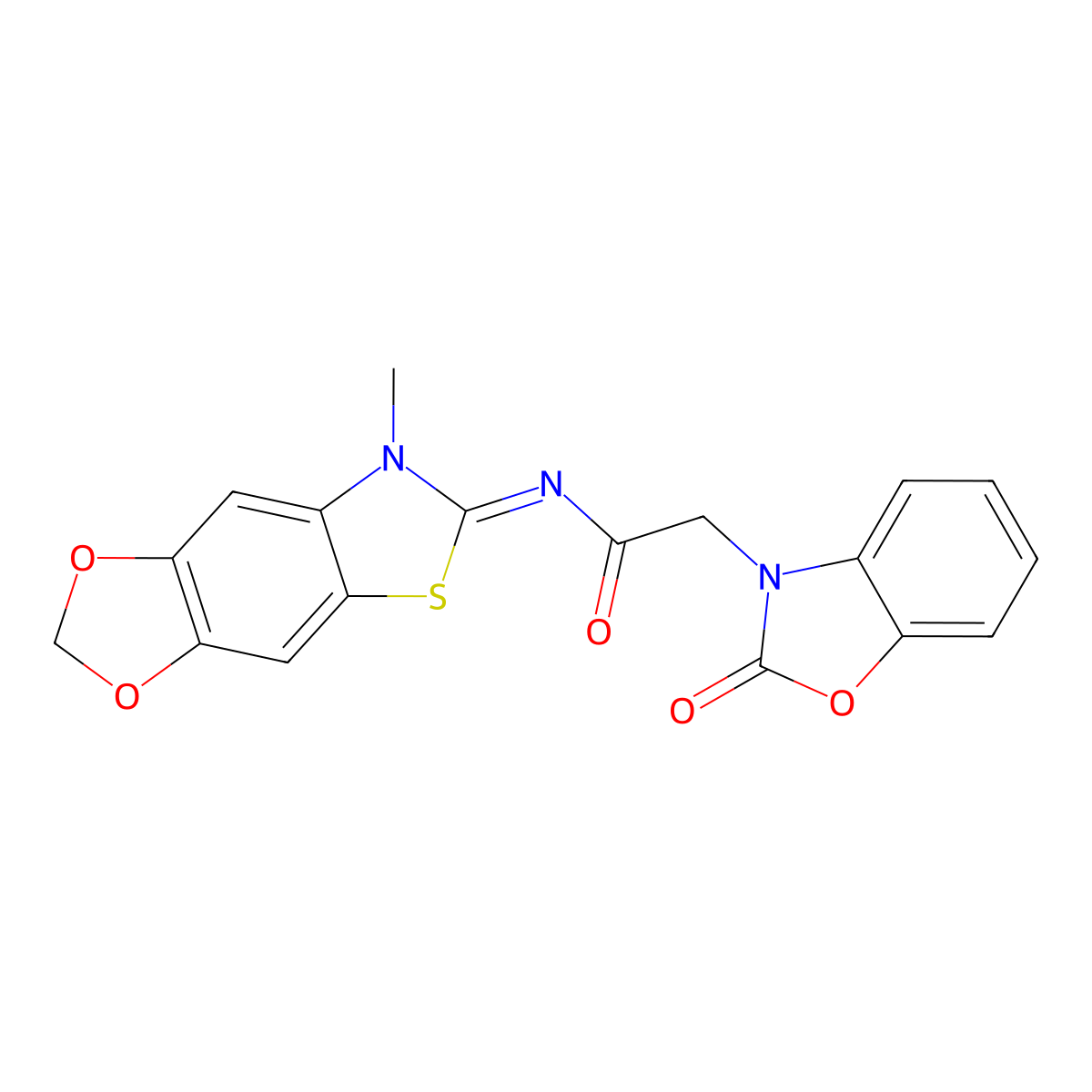 N-[(11E)-12-methyl-4,6-dioxa-10-thia-12-azatricyclo[7.3.0.0^{3,7}]dodeca-1(9),2,7-trien-11-ylidene]-2-(2-oxo-2,3-dihydro-1,3-benzoxazol-3-yl)acetamide molecular structure, CAS 1173634-62-2
