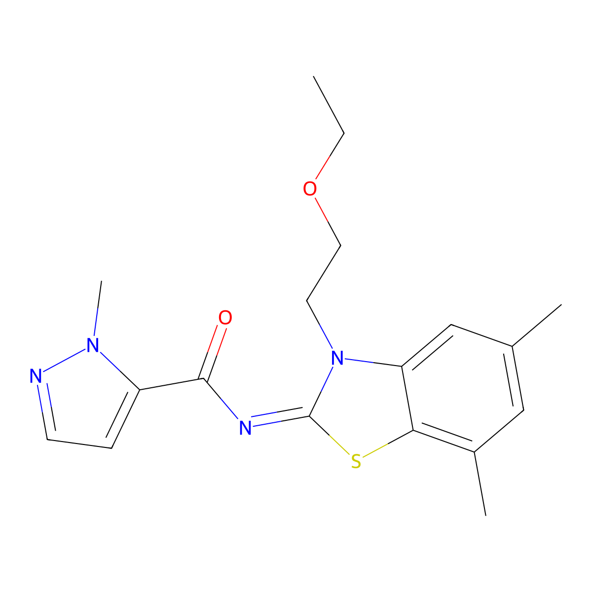 (E)-N-(3-(2-ethoxyethyl)-5,7-dimethylbenzo[d]thiazol-2(3H)-ylidene)-1-methyl-1H-pyrazole-5-carboxamide molecular structure, CAS 1173635-30-7