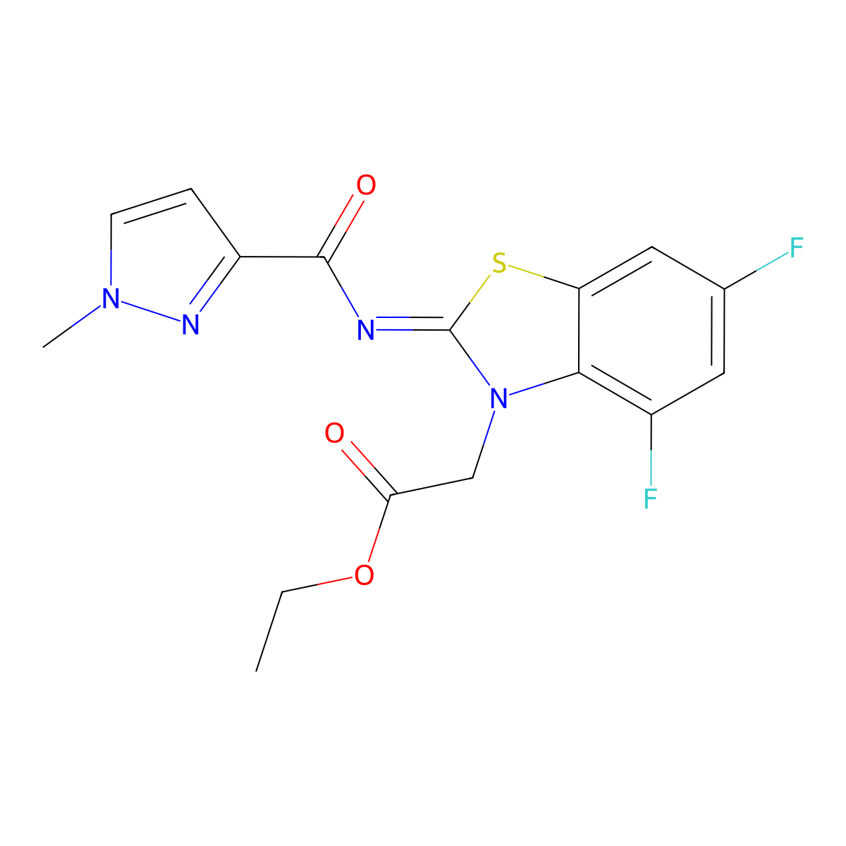(Z)-ethyl 2-(4,6-difluoro-2-((1-methyl-1H-pyrazole-3-carbonyl)imino)benzo[d]thiazol-3(2H)-yl)acetate molecular structure, CAS 1173635-81-8