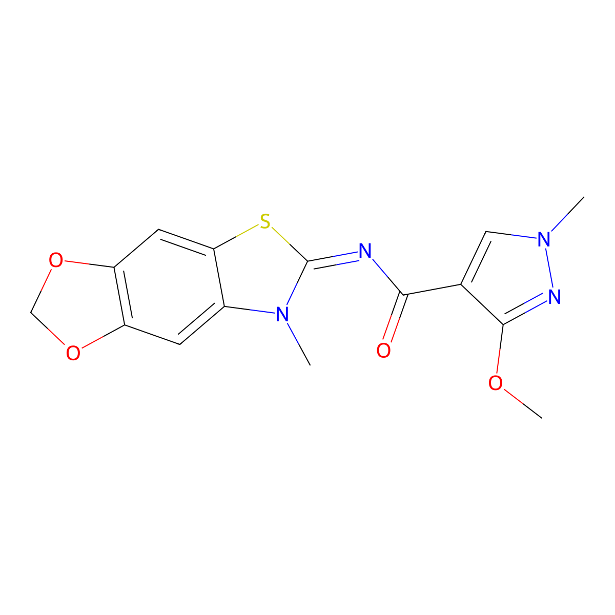 (Z)-3-methoxy-1-methyl-N-(7-methyl-[1,3]dioxolo[4',5':4,5]benzo[1,2-d]thiazol-6(7H)-ylidene)-1H-pyrazole-4-carboxamide molecular structure, CAS 1173650-21-9