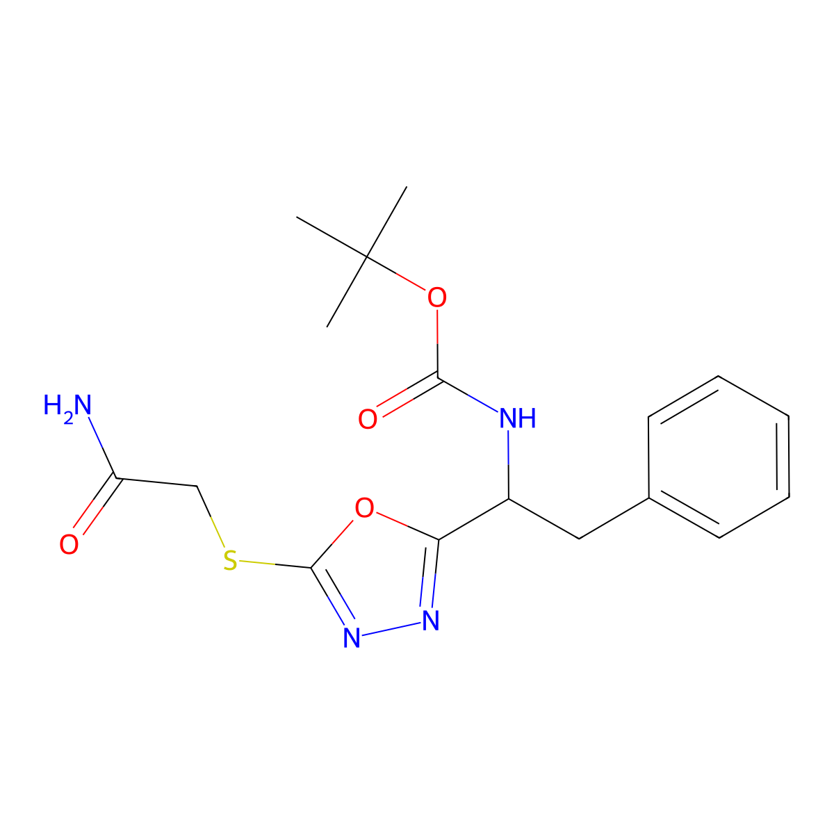tert-butyl N-[(1S)-1-[5-(2-amino-2-oxoethyl)sulfanyl-1,3,4-oxadiazol-2-yl]-2-phenylethyl]carbamate molecular structure, CAS 1173662-87-7