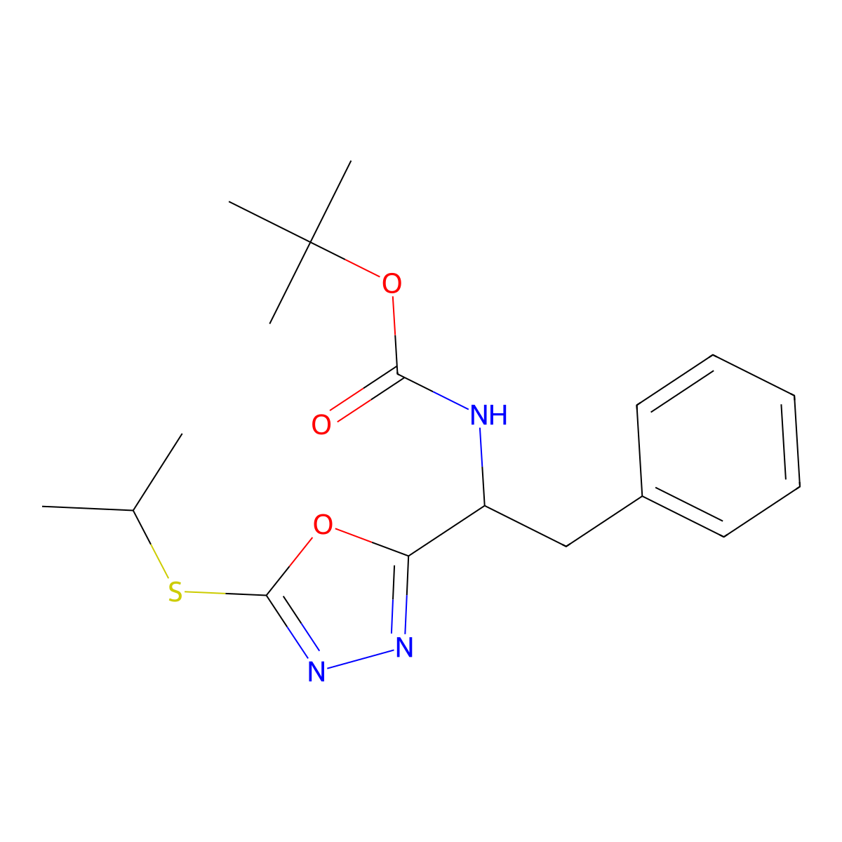 tert-butyl N-[(1S)-2-phenyl-1-(5-propan-2-ylsulfanyl-1,3,4-oxadiazol-2-yl)ethyl]carbamate molecular structure, CAS 1173673-87-4