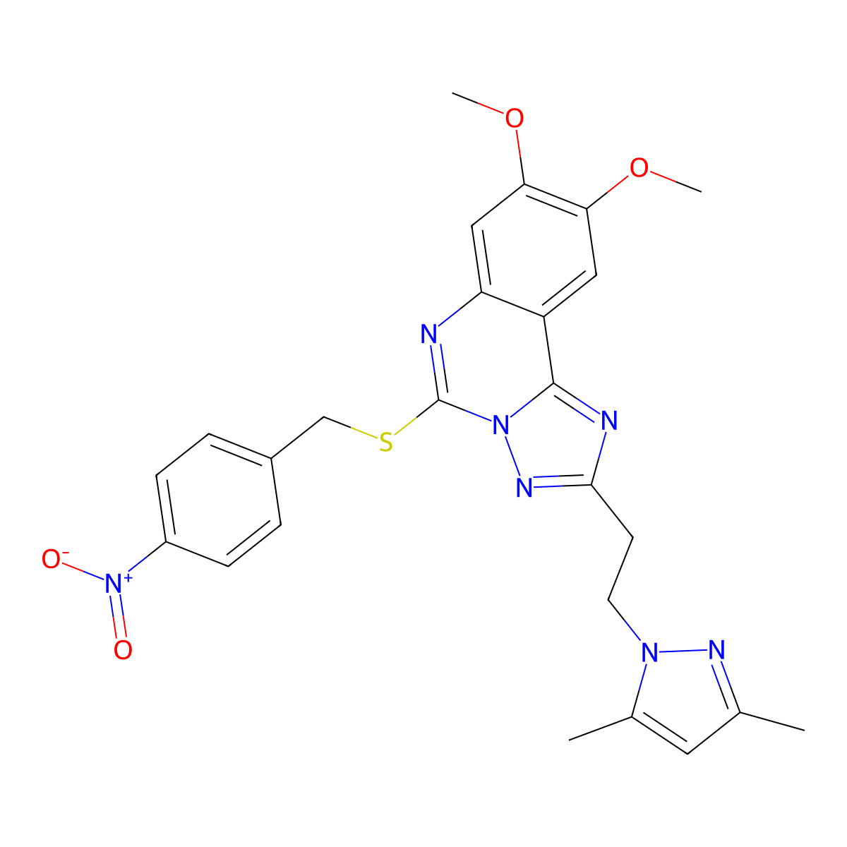 1-[2-(8,9-dimethoxy-5-{[(4-nitrophenyl)methyl]sulfanyl}-[1,2,4]triazolo[1,5-c]quinazolin-2-yl)ethyl]-3,5-dimethyl-1H-pyrazole molecular structure, CAS 1173727-52-0