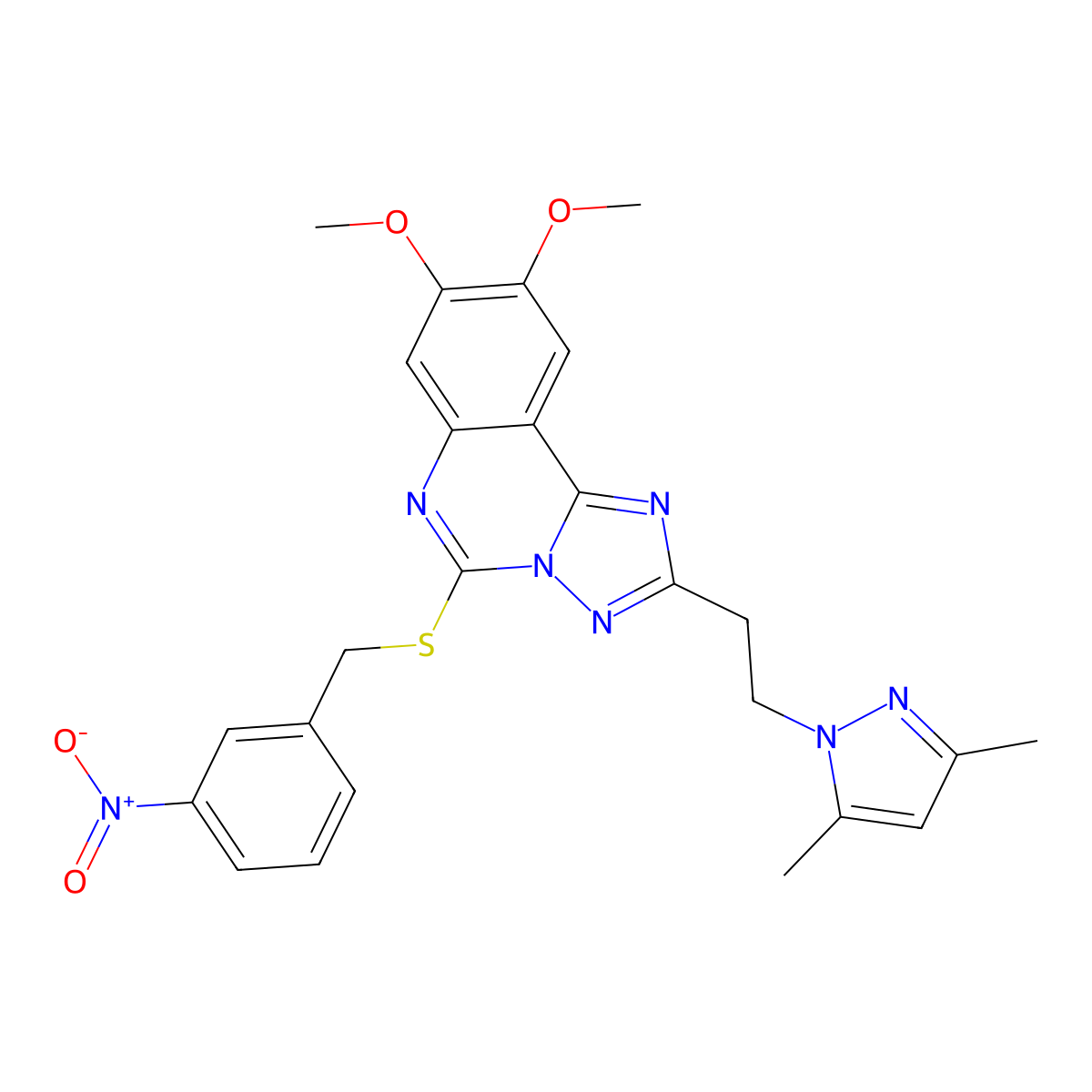 1-[2-(8,9-dimethoxy-5-{[(3-nitrophenyl)methyl]sulfanyl}-[1,2,4]triazolo[1,5-c]quinazolin-2-yl)ethyl]-3,5-dimethyl-1H-pyrazole molecular structure, CAS 1173733-51-1