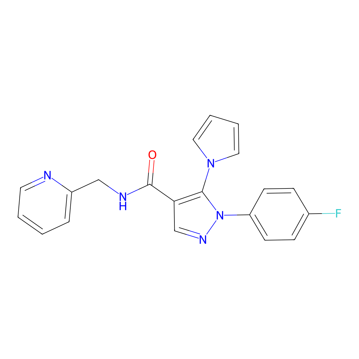 1-(4-fluorophenyl)-N-(pyridin-2-ylmethyl)-5-(1H-pyrrol-1-yl)-1H-pyrazole-4-carboxamide molecular structure, CAS 1173749-23-9