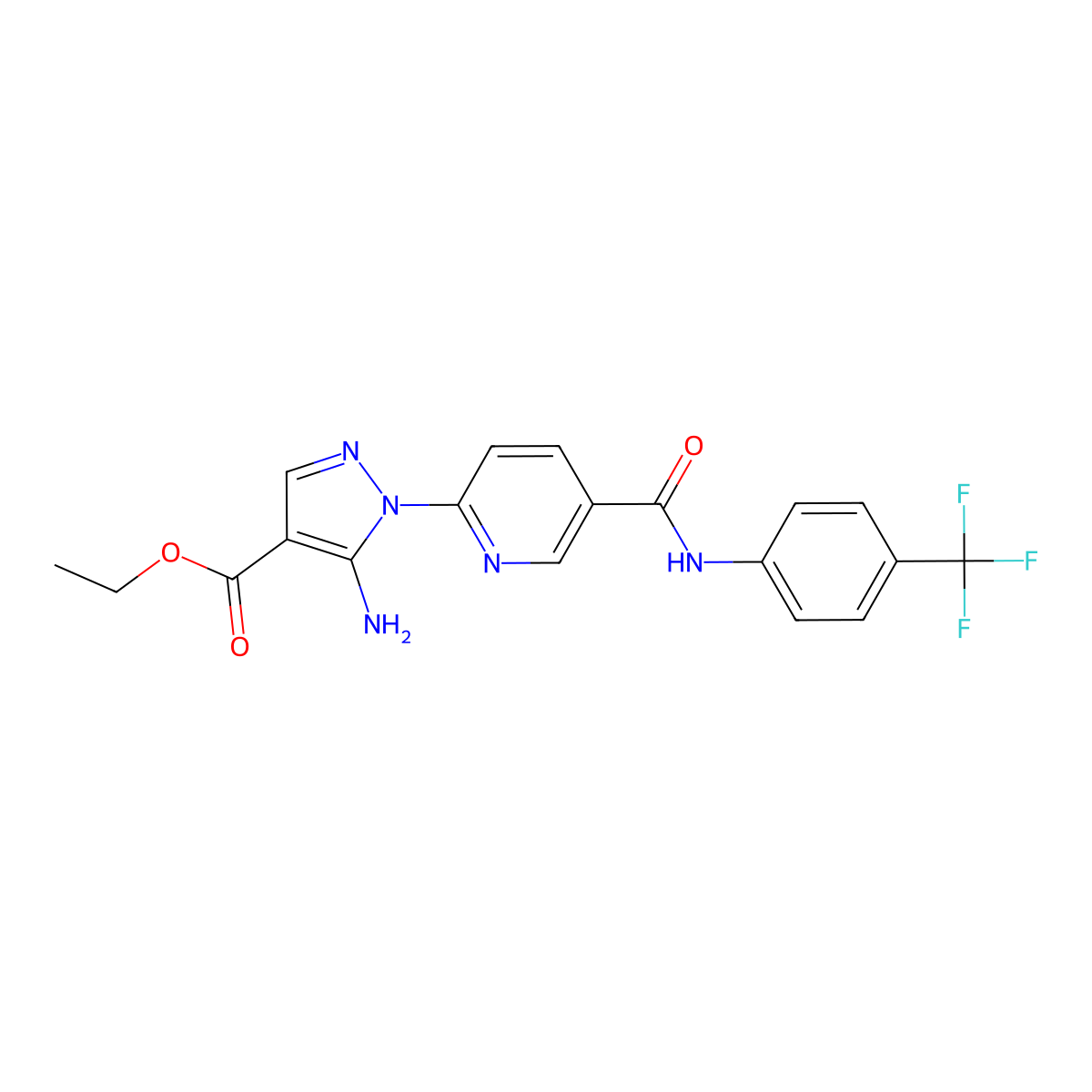 ethyl 5-amino-1-(5-{[4-(trifluoromethyl)phenyl]carbamoyl}pyridin-2-yl)-1H-pyrazole-4-carboxylate molecular structure, CAS 1173759-36-8