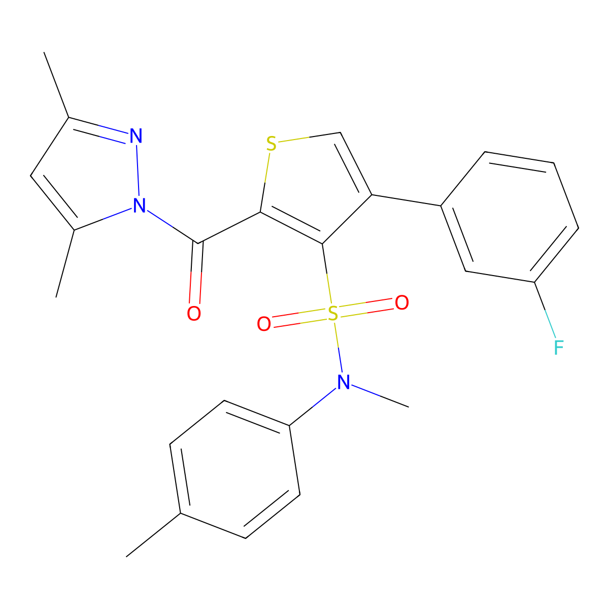2-[(3,5-dimethyl-1H-pyrazol-1-yl)carbonyl]-4-(3-fluorophenyl)-N-methyl-N-(4-methylphenyl)thiophene-3-sulfonamide molecular structure, CAS 1173770-07-4