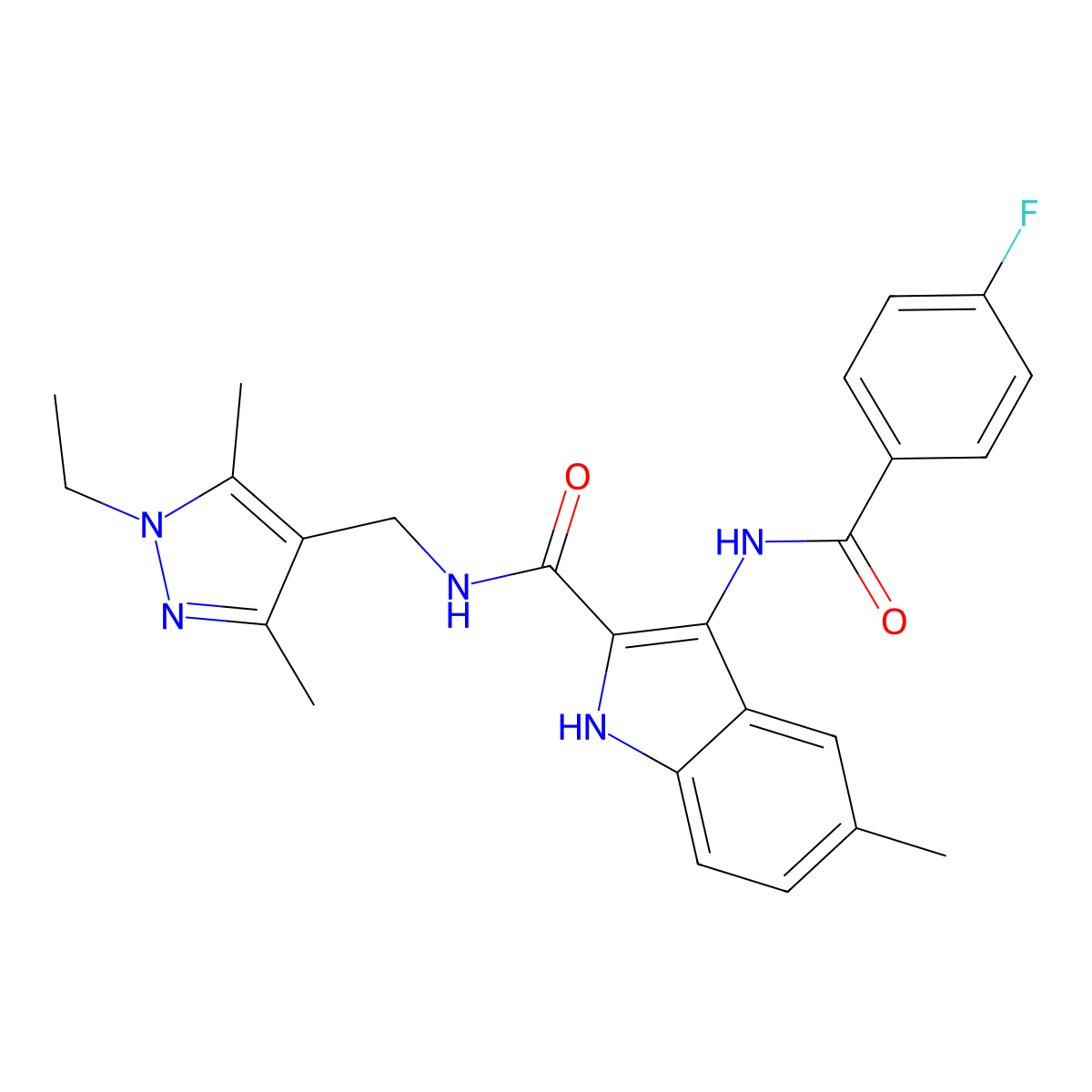 N-((1-ethyl-3,5-dimethyl-1H-pyrazol-4-yl)methyl)-3-(4-fluorobenzamido)-5-methyl-1H-indole-2-carboxamide molecular structure, CAS 1173775-18-2