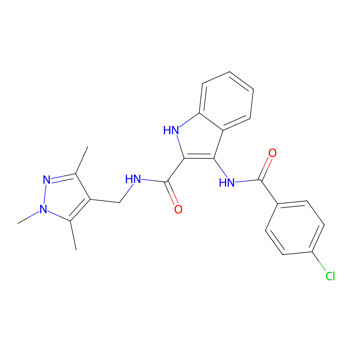 3-(4-chlorobenzamido)-N-[(1,3,5-trimethyl-1H-pyrazol-4-yl)methyl]-1H-indole-2-carboxamide molecular structure, CAS 1173784-93-4