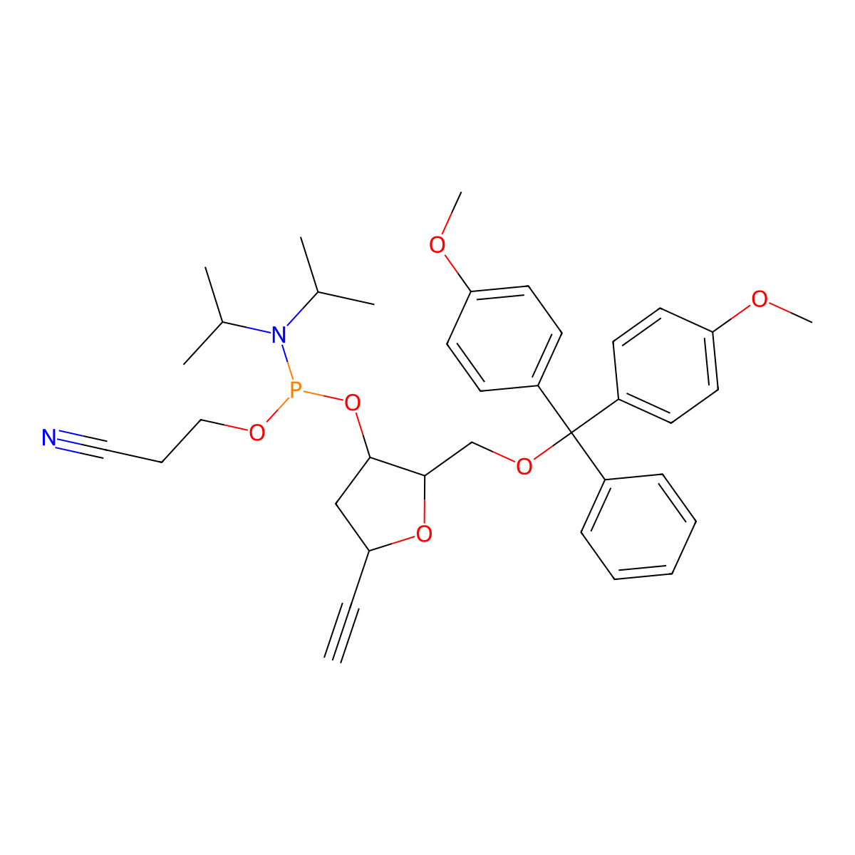 Ethynyl 2-deoxy-5-O-DMT-ribosyl 3-CE phosphoramidite molecular structure, CAS 1173797-55-1