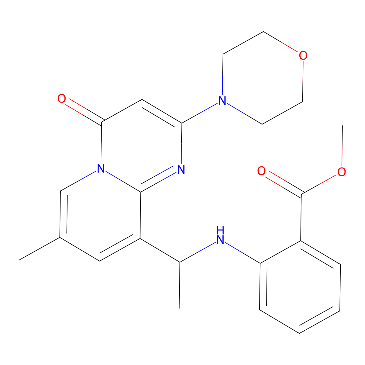 (S)-methyl 2-(1-(7-methyl-2-morpholino-4-oxo-4H-pyrido[1,2-a]pyrimidin-9-yl)ethylamino)benzoate molecular structure, CAS 1173900-38-3