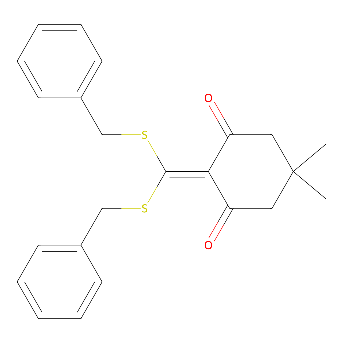 2-[Bis(phenylmethylthio)methylene]-5,5-dimethylcyclohexane-1,3-dione molecular structure, CAS 117402-14-9
