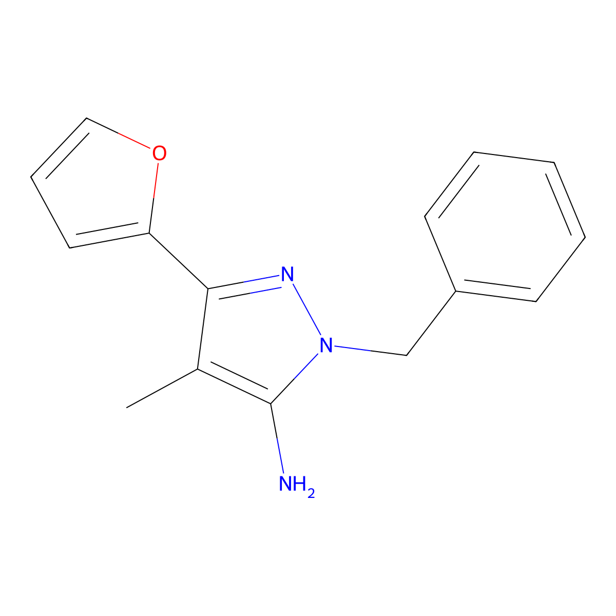 1-benzyl-3-(furan-2-yl)-4-methyl-1H-pyrazol-5-amine molecular structure, CAS 1174310-34-9