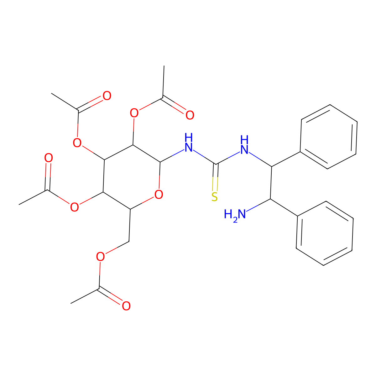 (2R,3R,4S,5R,6R)-2-(Acetoxymethyl)-6-(3-((1R,2R)-2-amino-1,2-diphenylethyl)thioureido)tetrahydro-2H-pyran-3,4,5-triyl triacetate molecular structure, CAS 1174340-49-8