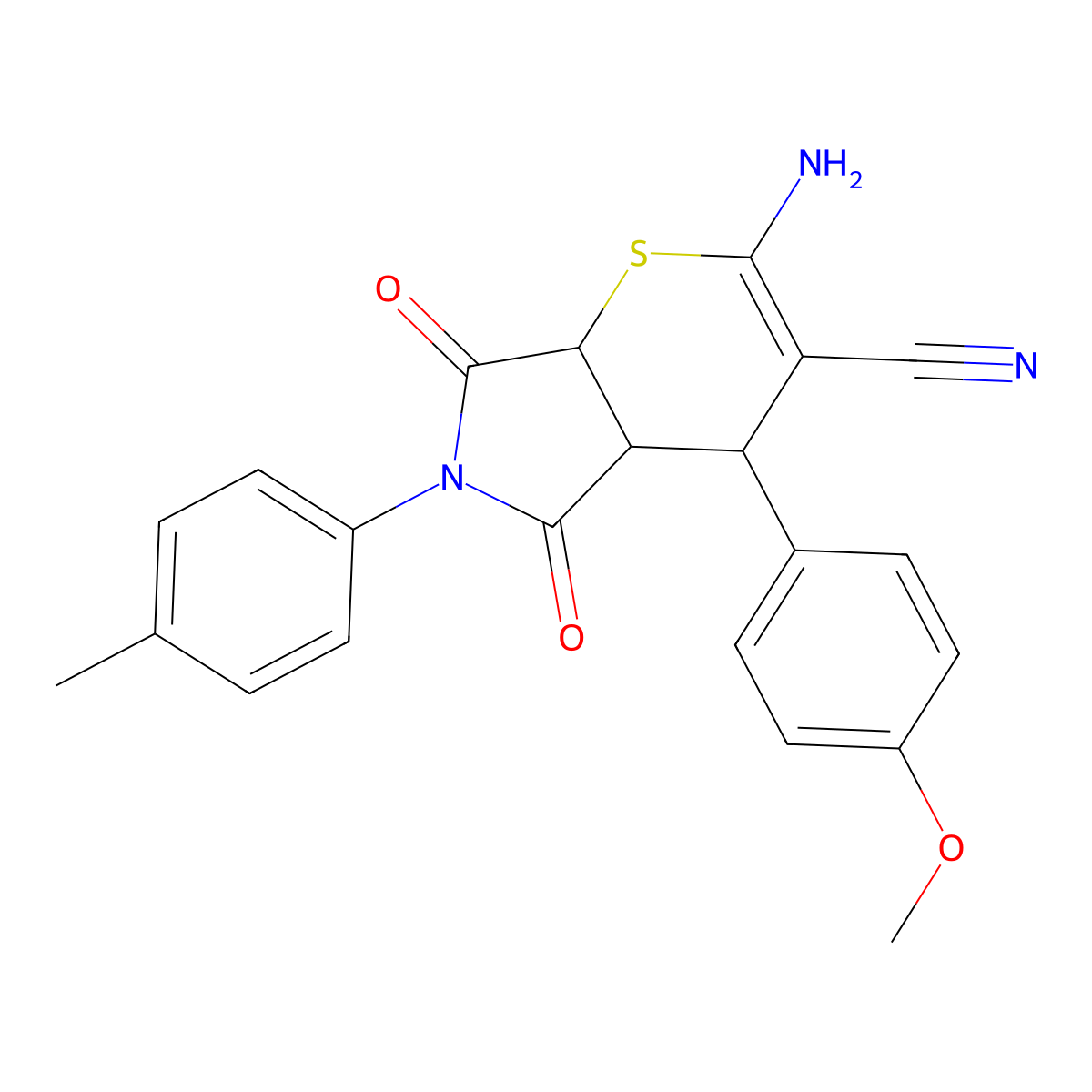 2-Amino-4-(4-methoxyphenyl)-5,7-dioxo-6-(p-tolyl)-4,4a,5,6,7,7a-hexahydrothiopyrano[2,3-c]pyrrole-3-carbonitrile molecular structure, CAS 117452-37-6