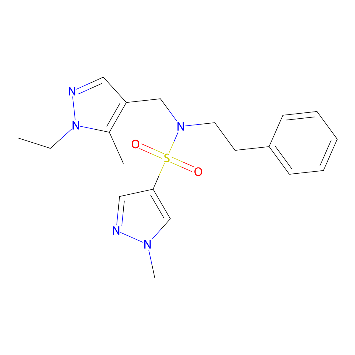 N-((1-Ethyl-5-methyl-1H-pyrazol-4-yl)methyl)-1-methyl-N-(2-phenylethyl)-1H-pyrazole-4-sulfonamide molecular structure, CAS 1174830-53-5