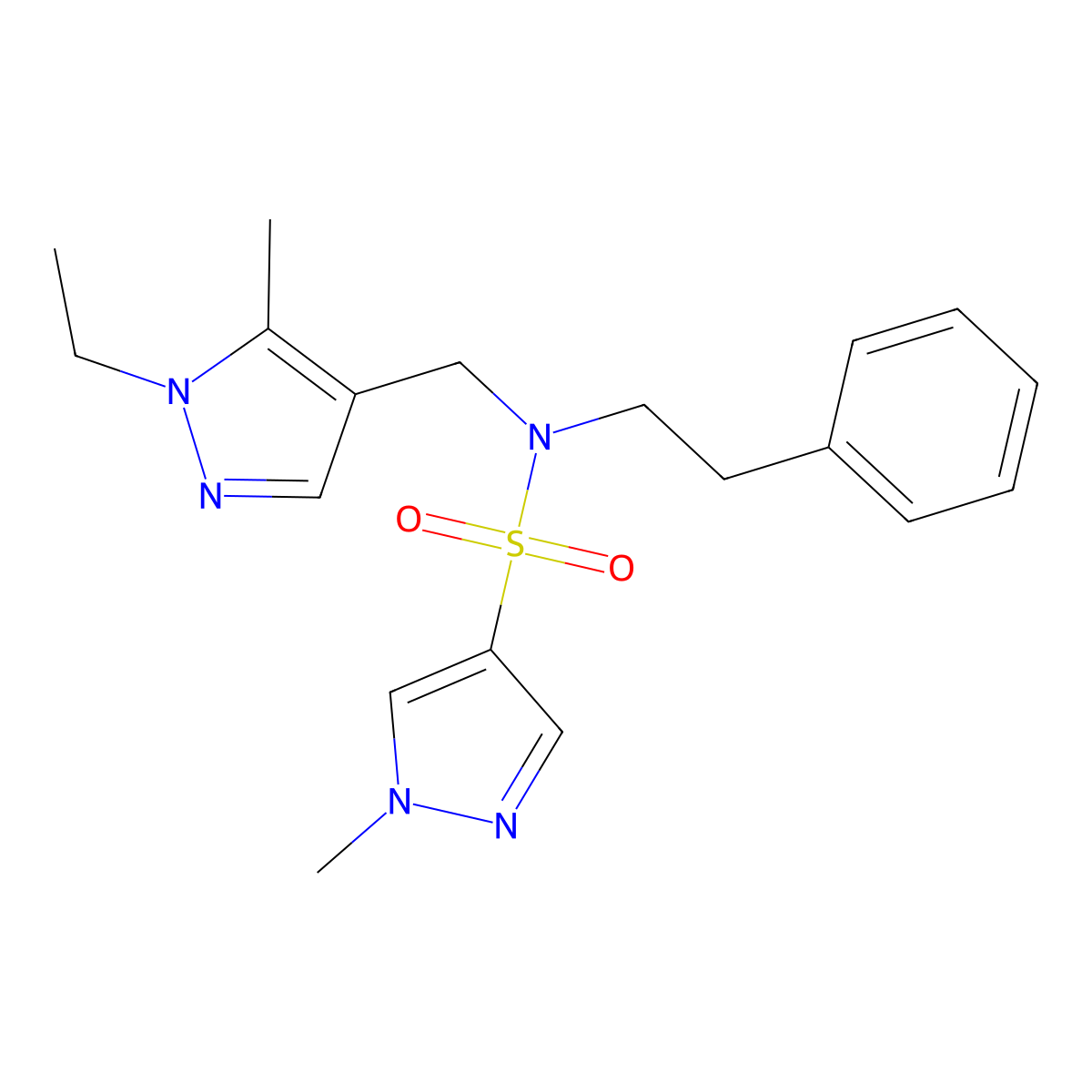 N-((1-Ethyl-5-methyl-1H-pyrazol-4-yl)methyl)-1-methyl-N-(2-phenylethyl)-1H-pyrazole-4-sulfonamide molecular structure, CAS 1174830-53-5