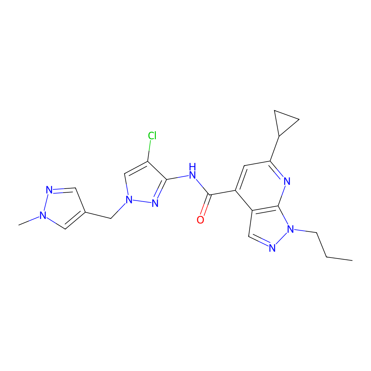 N-[4-Chloro-1-[(1-methyl-1H-pyrazol-4-yl)methyl]-1H-pyrazol-3-yl]-6-cyclopropyl-1-propyl-1H-pyrazolo[3,4-b]pyridine-4-carboxamide molecular structure, CAS 1174832-05-3