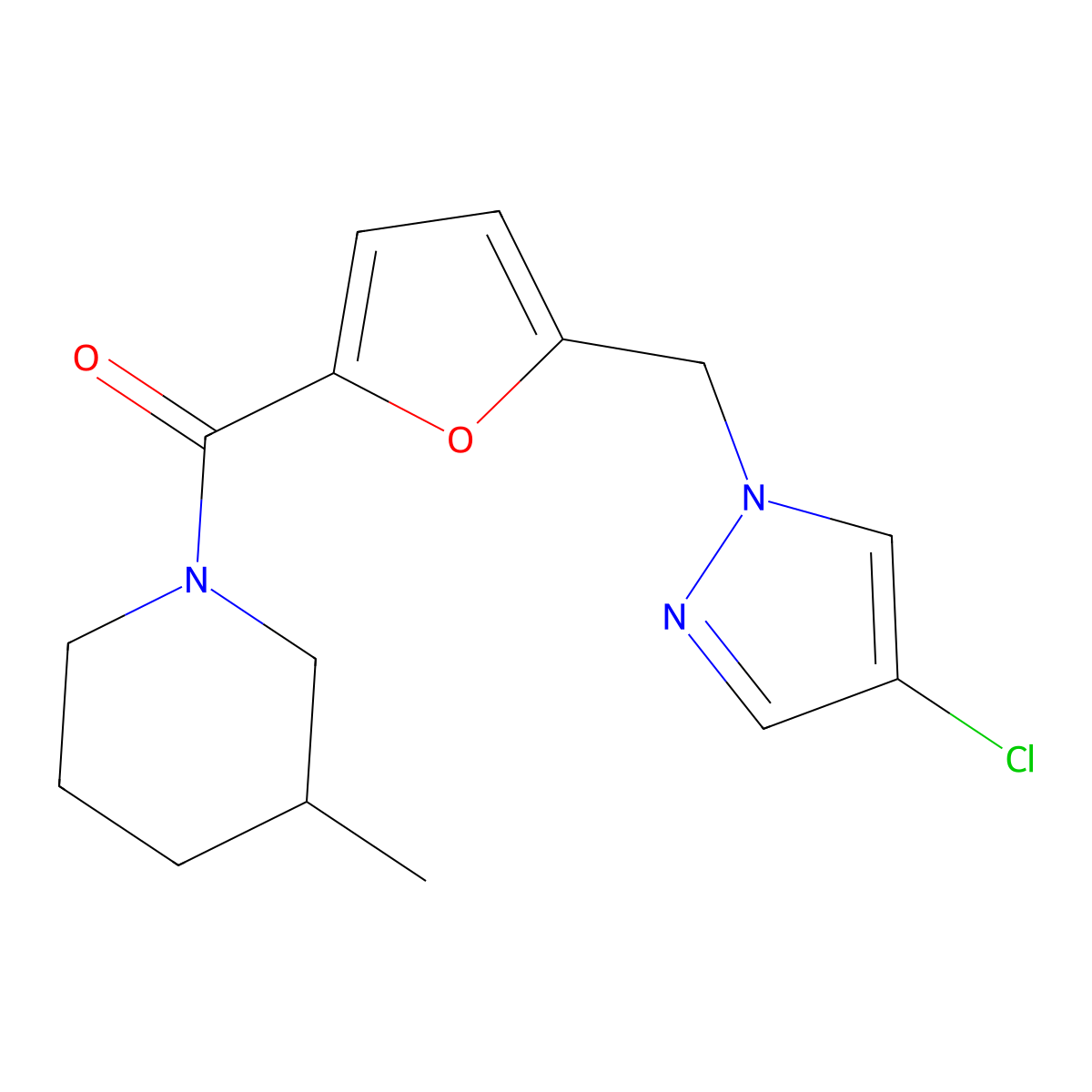 {5-[(4-chloro-1H-pyrazol-1-yl)methyl]furan-2-yl}(3-methylpiperidin-1-yl)methanone molecular structure, CAS 1174832-40-6