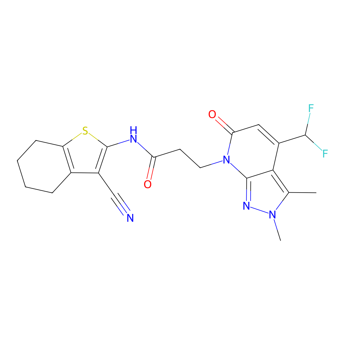 N-(3-Cyano-4,5,6,7-tetrahydrobenzo[b]thien-2-yl)-4-(difluoromethyl)-2,6-dihydro-2,3-dimethyl-6-oxo-7H-pyrazolo[3,4-b]pyridine-7-propanamide molecular structure, CAS 1174833-99-8