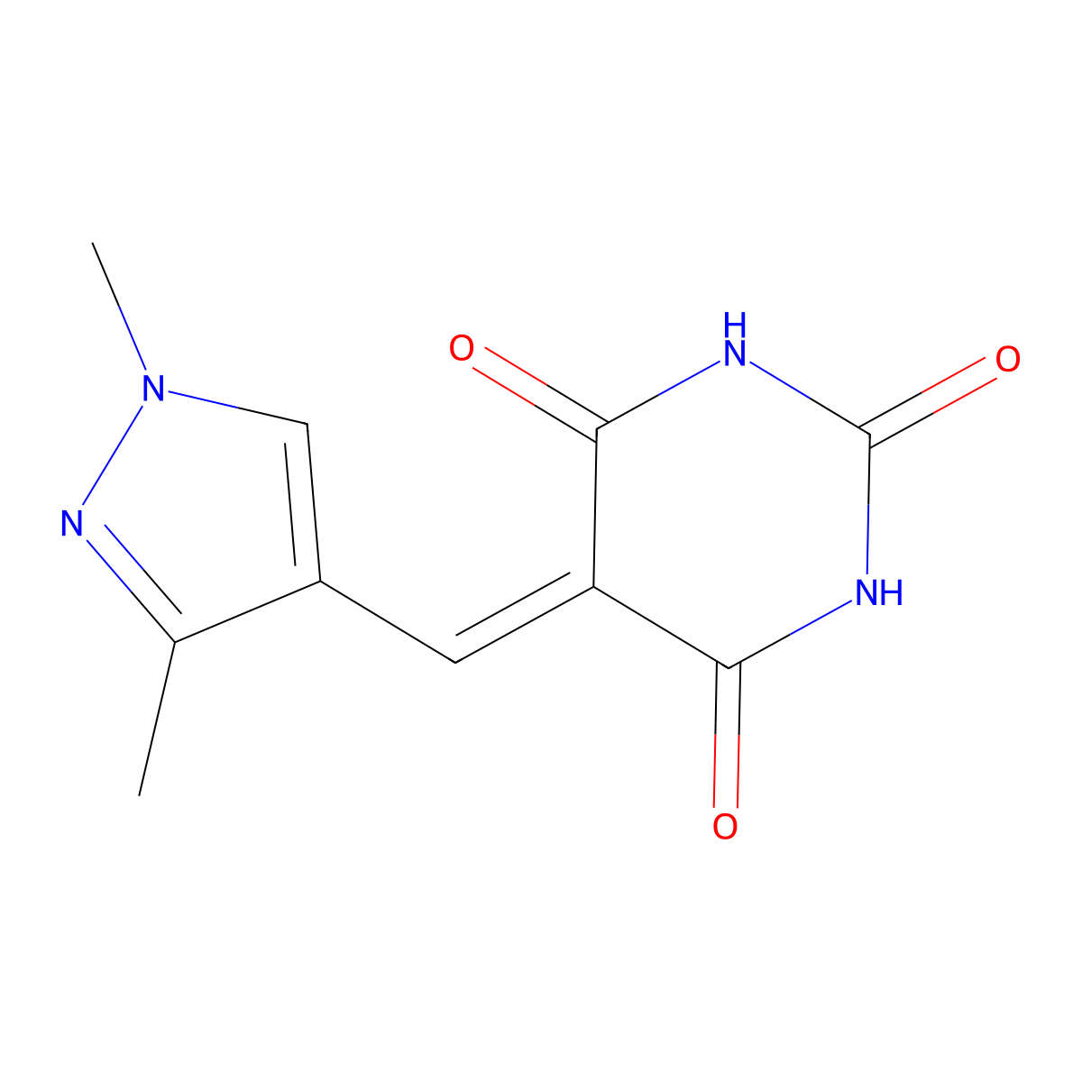 5-((1,3-dimethyl-1H-pyrazol-4-yl)methylene)pyrimidine-2,4,6(1H,3H,5H)-trione molecular structure, CAS 1174834-77-5