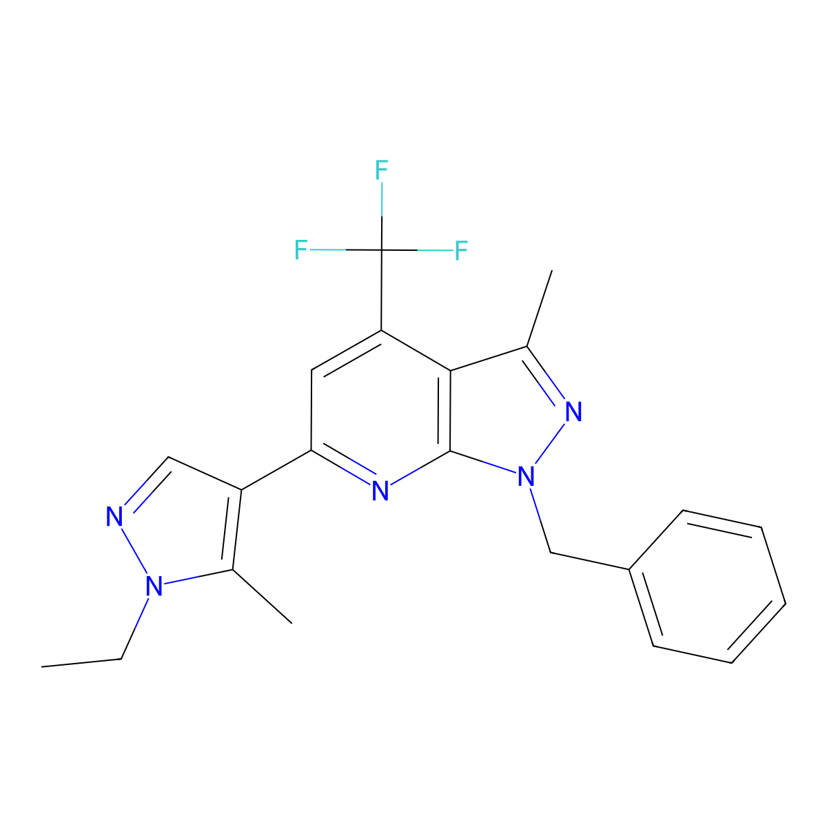 1-benzyl-6-(1-ethyl-5-methyl-1H-pyrazol-4-yl)-3-methyl-4-(trifluoromethyl)-1H-pyrazolo[3,4-b]pyridine molecular structure, CAS 1174837-85-4
